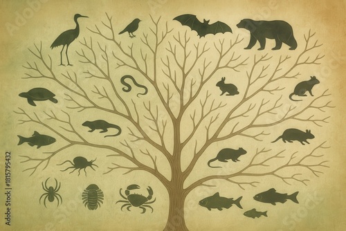 Illustrated biodiversity tree diagram showcasing animal silhouettes including birds, mammals, reptiles, and fish representing ecological relationships and environmental harmony