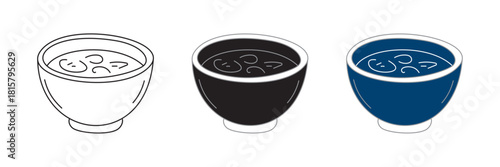 Three soup bowls vector icon set outline black and blue