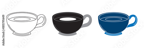 Three Coffee Cups Outline, Black and Blue Filled Mugs