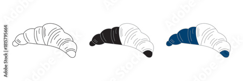 Croissant Vector Icon Set Outline, Black and Blue Dipped