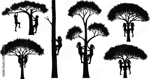 Children climbing trees silhouettes, playful kids, nature exploration, outdoor activity, childhood, adventure, freedom, fun, healthy, growth, black, vector, graphic, illustration, park, forest.