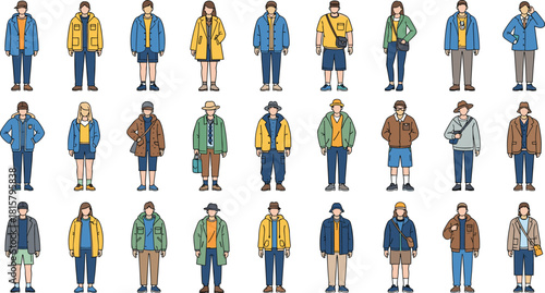 Diverse casual people character set, full body figures, flat vector illustration, various outfits, fashion, lifestyle, modern, urban, everyday, men, women, youth, avatar, graphic, design.