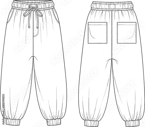 Drawing of relaxed fit pants, front back views, fashion illustration, apparel, joggers, outline, vector, blueprint, garment, casual wear, drawstring waist, cuffed ankles, pockets, clothing template.