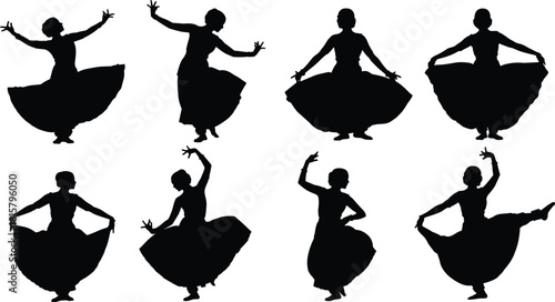 Indian classical dance silhouettes set, graceful female dancers,dynamic poses, cultural, traditional, artistic, elegant, movement, performance, expressive, vector, illustration, graphic, rhythmic