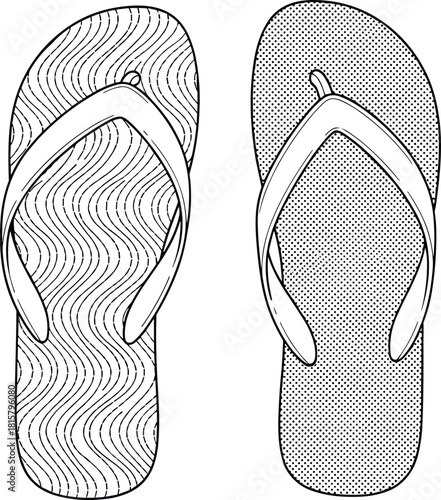 Flip flops technical drawing, fashion flat sketch, footwear design, beach sandals, summer shoes, casual, comfortable, open-toe, trendy, vector, illustration, blueprint, product, relaxed, vacation.