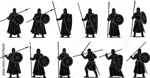 Medieval knights and warriors silhouettes, armed with spears, shields, swords, armor, historical, fantasy, ancient, soldier, battle, combat, army, strength, power, black, vector, illustration, heroic.