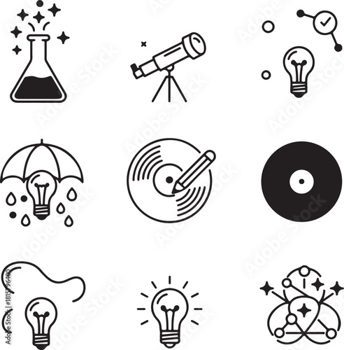 Collection of hand drawn icons representing science innovation creativity and ideas