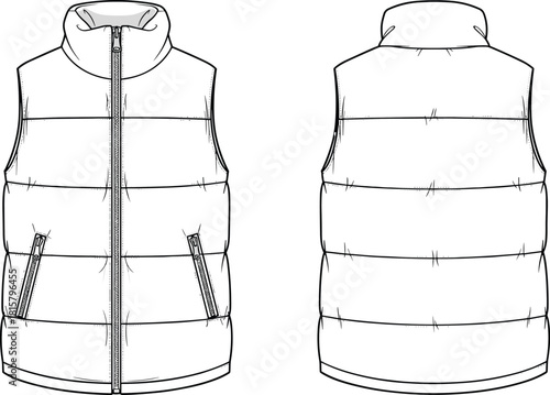Puffer vest technical drawing, front and back views, fashion flat sketch, apparel design, outerwear, quilted, sleeveless jacket, winter clothing, vector, blueprint, garment, illustration, casual