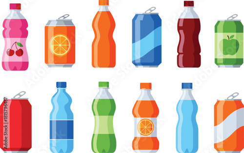 Set of colorful soft drinks, soda cans and bottles, various flavors, refreshing beverages, sweet drinks, fast food, party, summer, vector, illustration, graphic, collection, variety, refreshment.