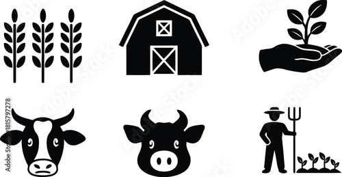 Black and White Farming Icon Set Barn, Wheat, Planting, Farmer, and Cattle Graphics