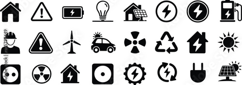 Black Silhouettes Depicting Energy, Environment, and Sustainability Icons on White Background, EcoFriendly Design Elements