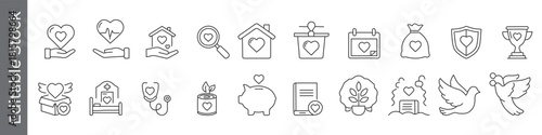 Love and Charity Line Icons Set – editable outline symbols of Heart, Donation, Health, Family, Giving