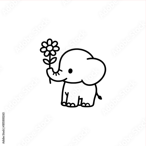 Adorable baby elephant offering a flower, sweetness and innocence personified, charming illustration for kids products, greeting cards, and nursery decor, vector