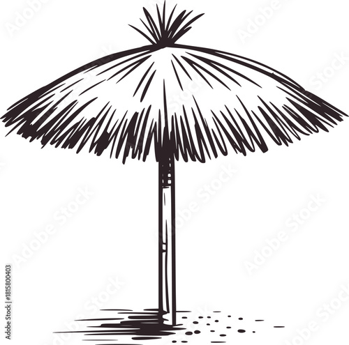 Black and white sketch of a thatched beach umbrella