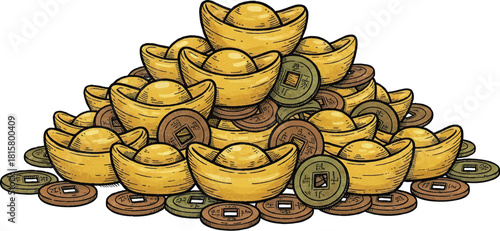Pile of Traditional Chinese Gold Ingots Yuanbao and Ancient Copper Coins, Symbol of Wealth and Prosperity, Hand Drawn Sketch Vector