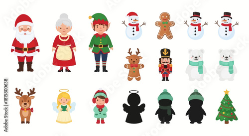 A collection of cute cartoon Christmas characters and symbols isolated on a white background.