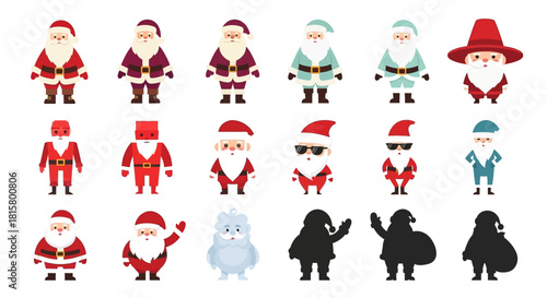 A diverse collection of Santa Claus character illustrations in various styles and poses on a white background.
