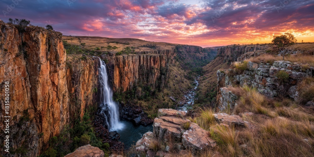 Fototapeta premium Spectacular Waterfall Cascading Down a Cliff Face at Sunset.