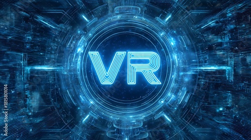 A high-tech interface with a circular, glowing VR logo at its center, surrounded by intricate blue circuitry and glowing lights.
