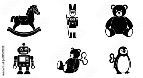 Collection of toy icons: rocking horse, soldier, teddy bear, robot, wind-up bear, and penguin.