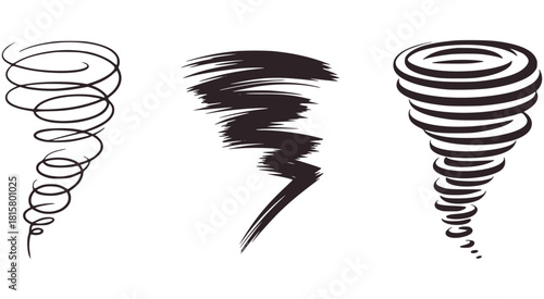 Three black and white tornado illustrations different styles