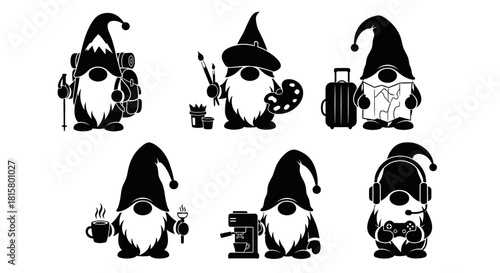 A collection of six black and white gnome silhouettes depicting various hobbies and leisure activities such as hiking, painting, traveling, coffee drinking, and gaming.
