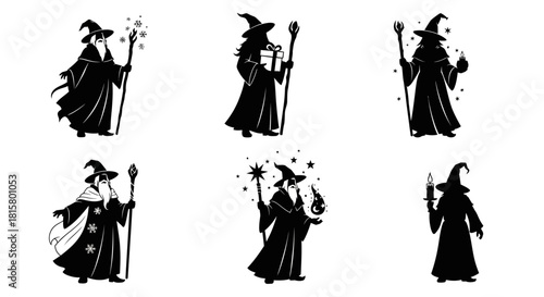 Six black silhouette illustrations of fantasy wizards with staffs and pointed hats, casting magic.