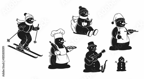 Cartoon penguins doing various activities in winter.