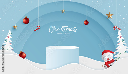 Podium stage for show product display for festive decoration christmas day or new years. stand product showcase on red background with lighting christmas or presentation. vector design.