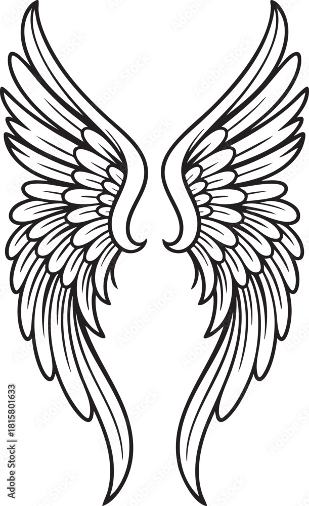 Fototapeta premium Stylized angel wings illustration featuring intricate feather details and symmetrical design