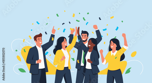 A diverse group of happy business people celebrating success with falling confetti.