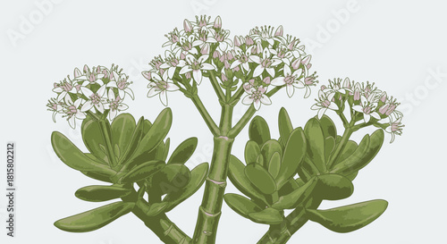 Blooming Jade Plant Illustration with White and Pink Flowers Green Succulent Leaves.
