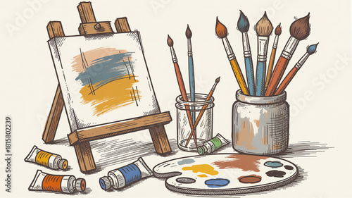 Art supplies and tools illustration including easel canvas brushes and paint tubes hand-drawn vector design for creative projects