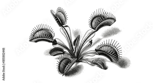 Detailed Black and White Illustration of Venus Flytrap.