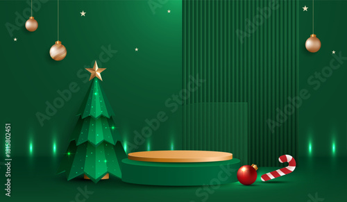 Podium stage for show product display for festive decoration christmas day or new years. stand product showcase on red background with lighting christmas or presentation. vector design.