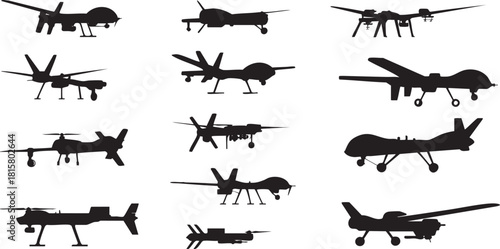Various unmanned aerial vehicle drone silhouettes isolated on white background