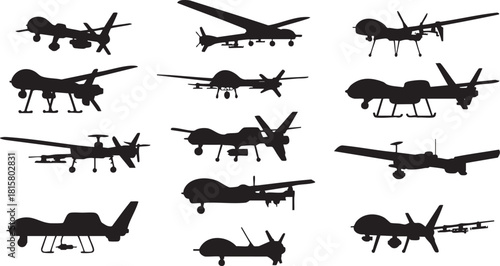 Various drone silhouettes collection featuring diverse unmanned aerial vehicle designs