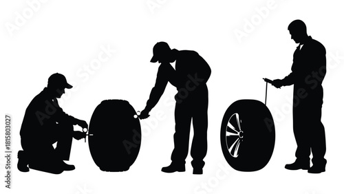 Mechanics working with tires silhouette isolated on white background, Vector