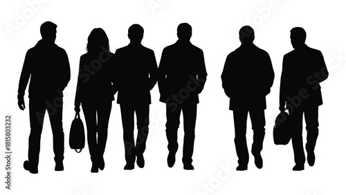 Diverse group of people walking silhouettes isolated on white background, Vector