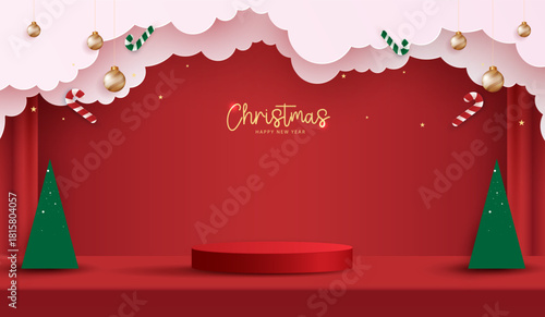 Podium stage for show product display for festive decoration christmas day or new years. stand product showcase on red background with lighting christmas or presentation. vector design.