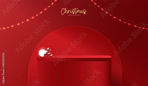 Podium stage for show product display for festive decoration christmas day or new years. stand product showcase on red background with lighting christmas or presentation. vector design.