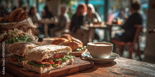 Delicious sandwiches and coffee on a wooden table in a cafe.