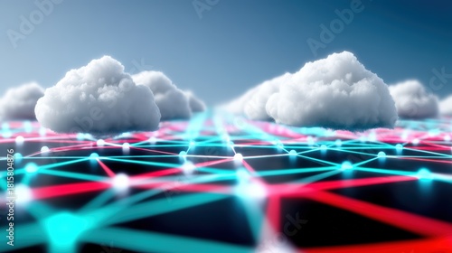 Fototapeta Naklejka Na Ścianę i Meble -  Cloud computing visualization digital network 3d render abstract technology environment aerial perspective data structure