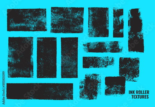 grunge ink roller textures set on blue background. distressed roller linocut stamps, printmaking overlays for graphic design