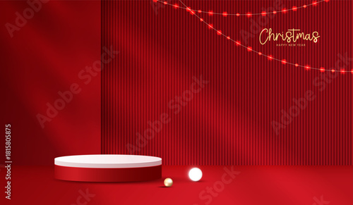 Podium stage for show product display for festive decoration christmas day or new years. stand product showcase on red background with lighting christmas or presentation. vector design.