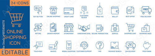 A clean 24-icon online shopping line set featuring cart, payment, delivery, offer, wallet, review, support, refund, and mobile shopping. Perfect for e-commerce, apps, websites, and marketing use.