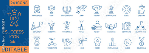 This 24-piece Success & Achievement line icon set includes essential symbols for motivation, leadership, and business growth. The collection features award badges, trophies, winner cups, goal steps.