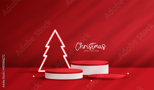 Podium stage for show product display for festive decoration christmas day or new years. stand product showcase on red background with lighting christmas or presentation. vector design.