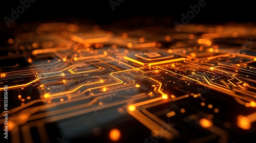 A complex circuit board with intricate orange lights and glowing components, set against a dark background.