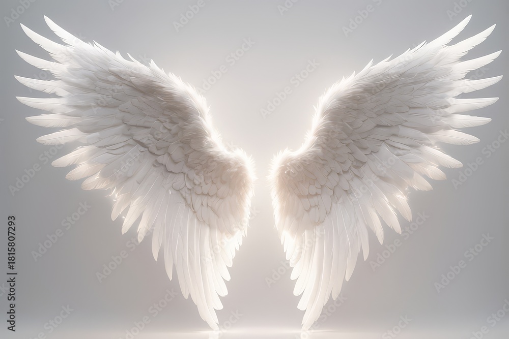 Fototapeta premium A luminous pair of feathered wings, bathed in a soft glow, symbolizing peace and divinity
